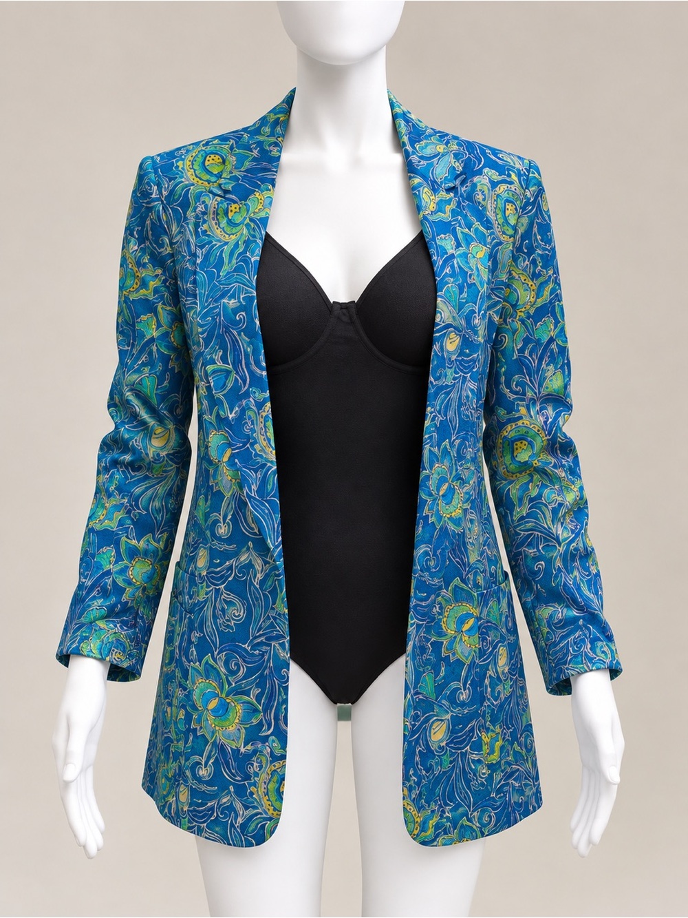 Zara Floral Print Open Front Blazer Size M Blue Green Longline